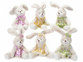 Coniglio di Pasqua peluche con vestito a quadri colorato e tasca portadolci, set da 6 pezzi, cm 11 x 10,5 x 14 H
