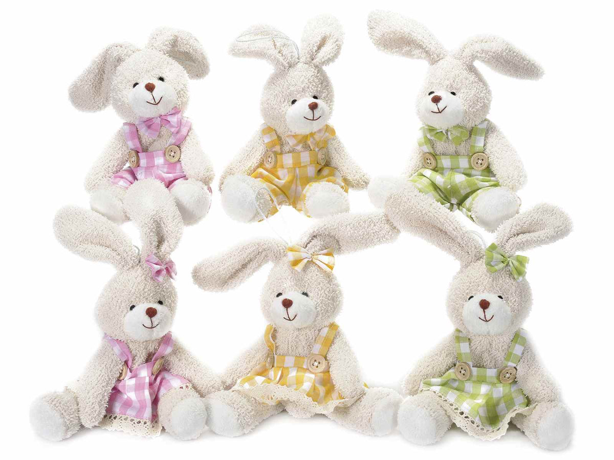 Coniglio di Pasqua peluche con vestito a quadri colorato e tasca portadolci, set da 6 pezzi, cm 11 x 10,5 x 14 H