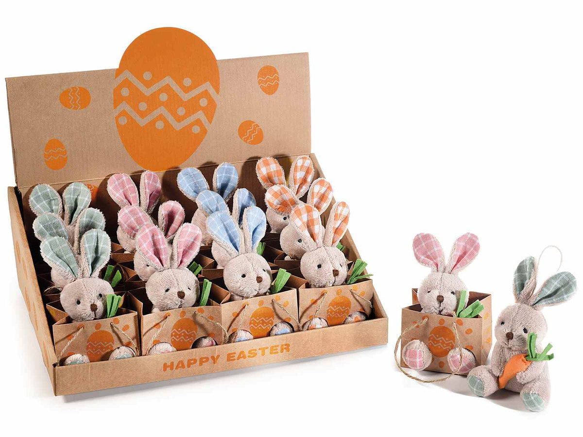 Coniglietti pasquali di peluche con carota in borsetta, in espositore da 12, set da 12 pezzi, cm 7x7x14 H (orecc.estese)