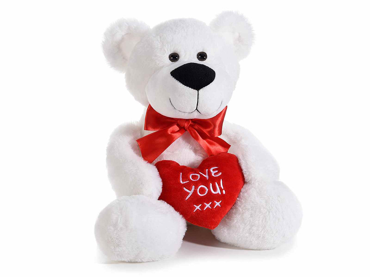 Orsetti bianchi seduti in peluche per San Valentino con cuore rosso imbottito, set da 2 pezzi, In piedi: cm 20 x 18 x 42 H
