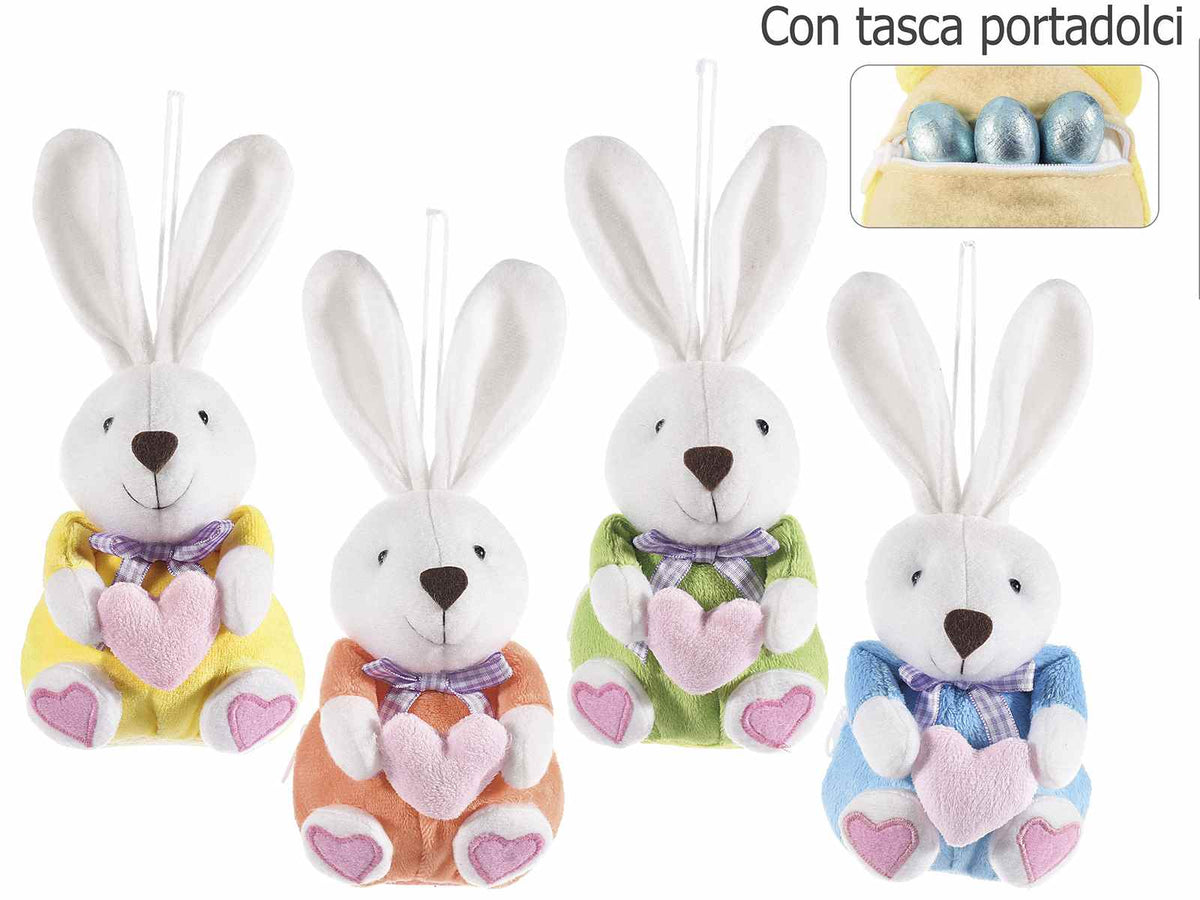 Coniglietti pasquali portadolci colorati con cuore imbottito da appendere, set da 8 pezzi, cm8x7x18H (orecc.estese)