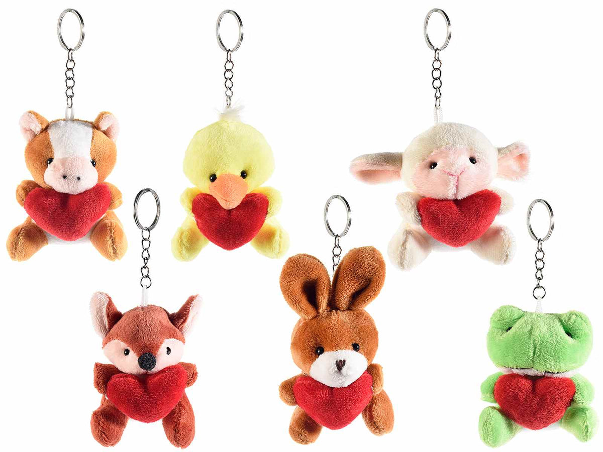 Portachiavi con peluche ad animaletto con cuore rosso imbottito ideale come, set da 12 pezzi, Coniglio: cm11H(con gancio14)