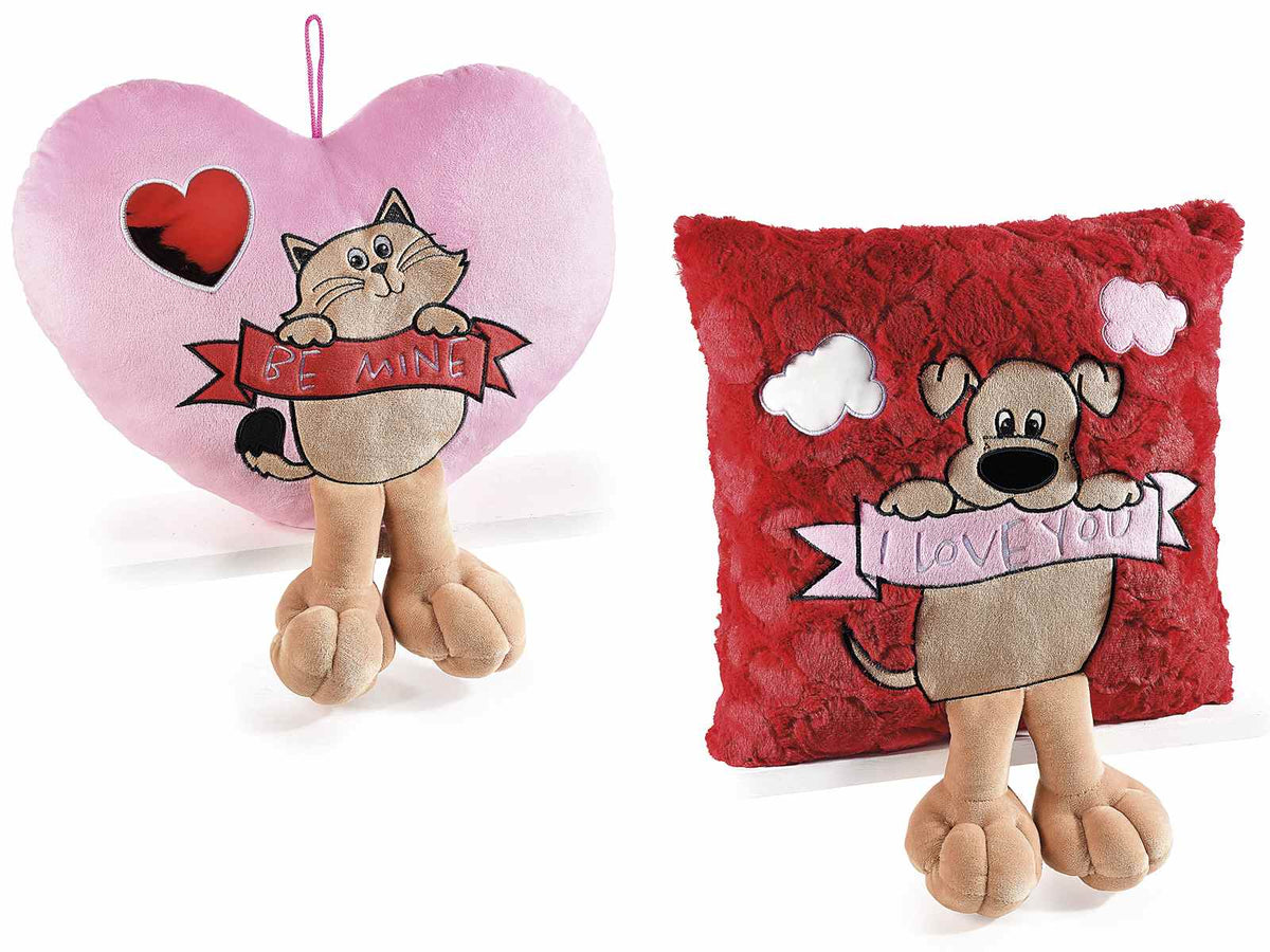 Cuscini di San Valentino imbottiti ricamati cani e gatti con zampe in peluche, set da 2 pezzi, cm 35 x 35 H