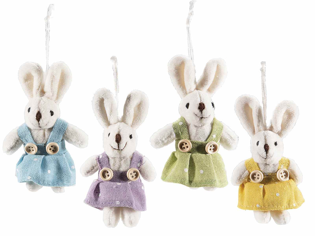 Coniglietti pasquali in peluche con vestito in stoffa da appendere, set da 16 pezzi, cm 11 H (orecc. estese)