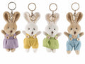 Coniglietti peluche portachiavi con vestito salopette colorata, set da 12 pezzi, cm 15 H (orecc. estese)