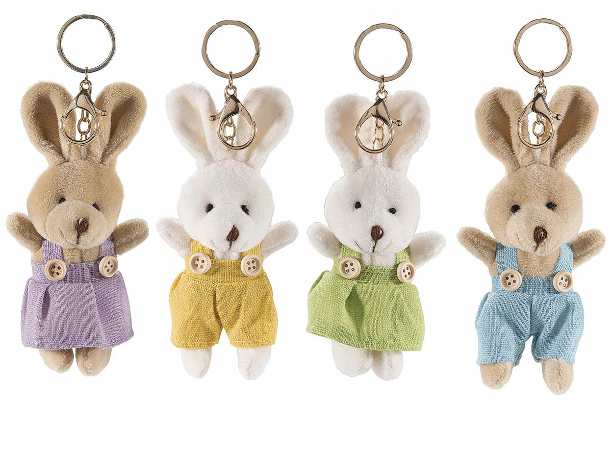 Coniglietti peluche portachiavi con vestito salopette colorata, set da 12 pezzi, cm 15 H (orecc. estese)