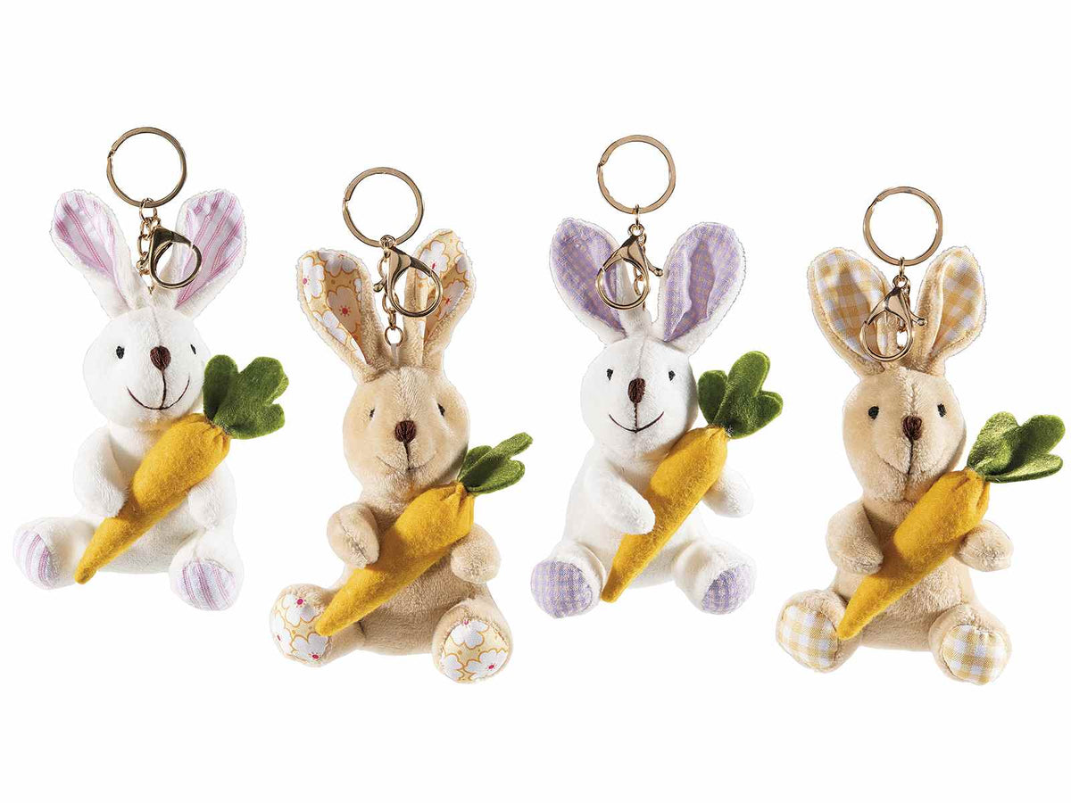 Portachiavi di Pasqua con coniglietto e carota in morbido peluche, set da 12 pezzi, cm 15 H (orecc. estese)