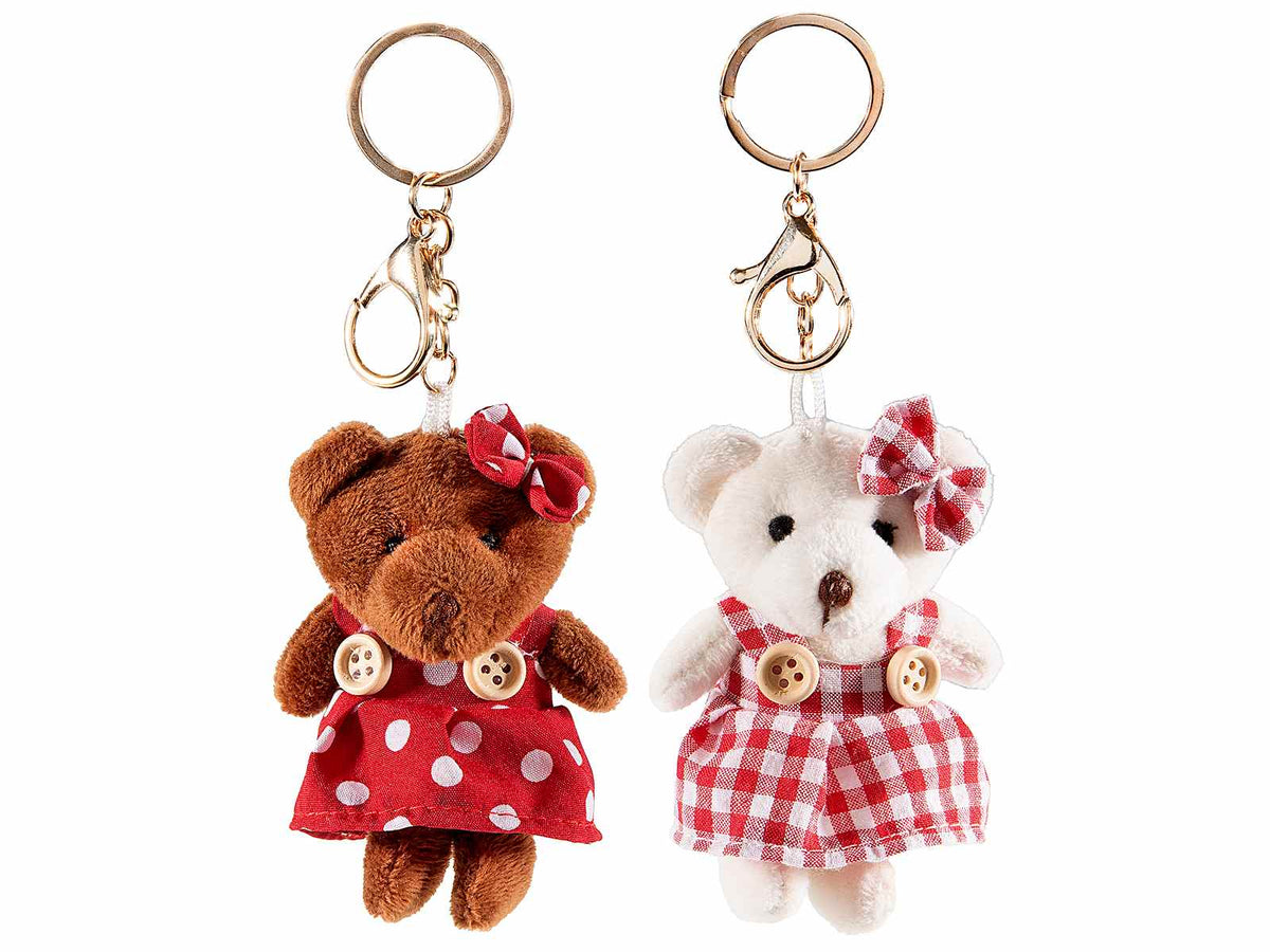 Orsetti / teddy portachiavi in morbido peluche con vestiti colorati a quadri, set da 12 pezzi, cm 9,5 H (con gancio 17)