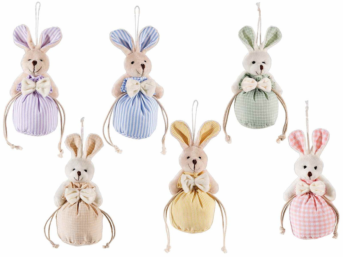 Sacchetti pasquali portadolci in stoffa con coniglio peluche, fiocco e tirante, set da 18 pezzi, Ø6,5cmx10H (al tirante7)