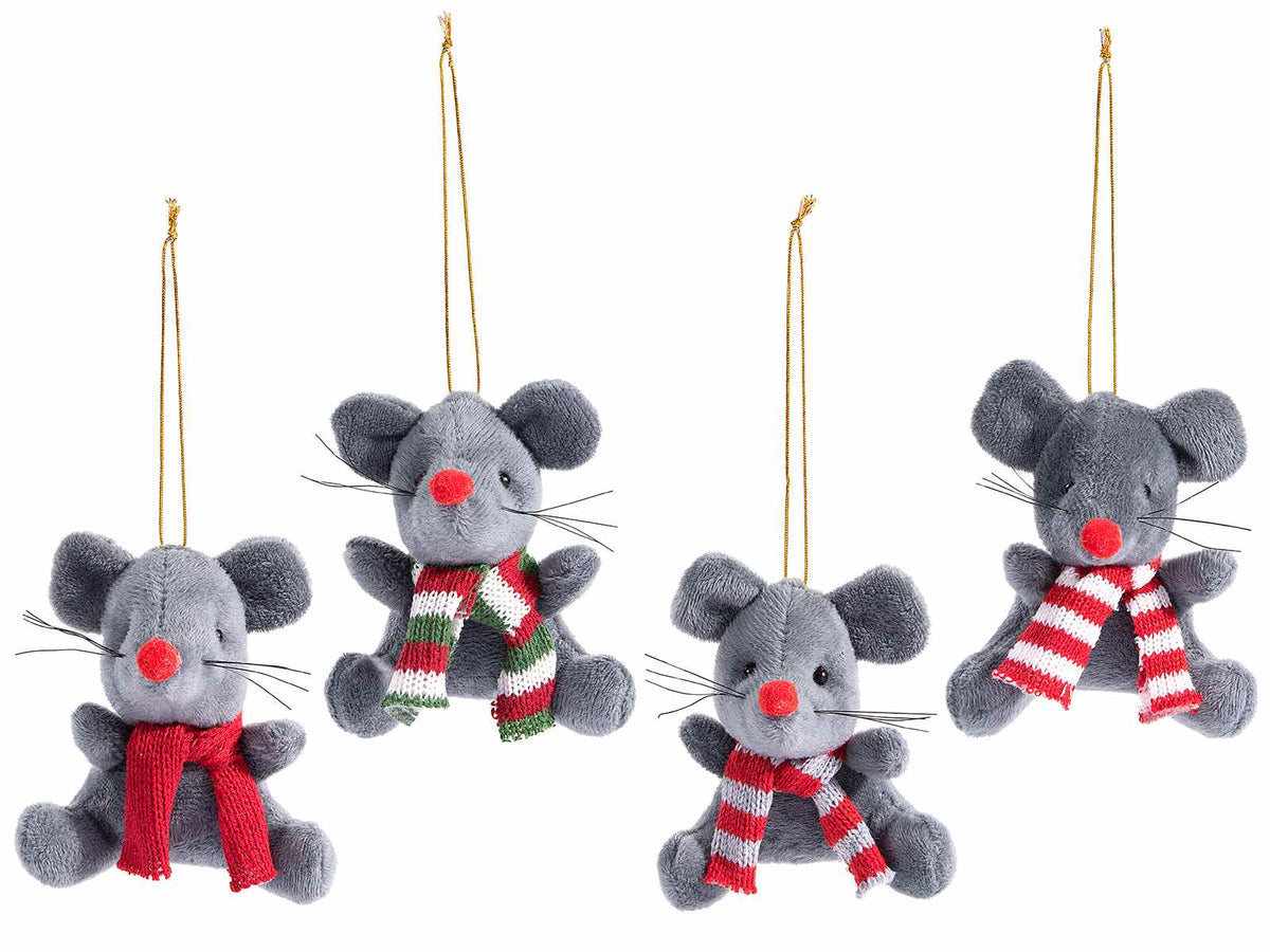 Addobbo albero di Natale a topolino in morbido peluche con sciarpina, set da 16 pezzi, cm 8 x 6 x 9 H