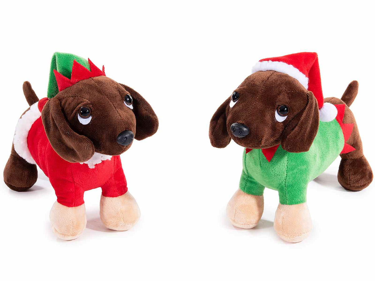 Peluche di Natale a forma di bassotto con maglioncino e cappello natalizio da elfo, set da 4 pezzi, cm 10 x 27 x 19 H