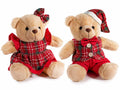 Coppia di orsetti natalizi in morbida eco-fur con vestito scozzese, set da 2 pezzi, cm 21 x 16 x 22 H (seduto)