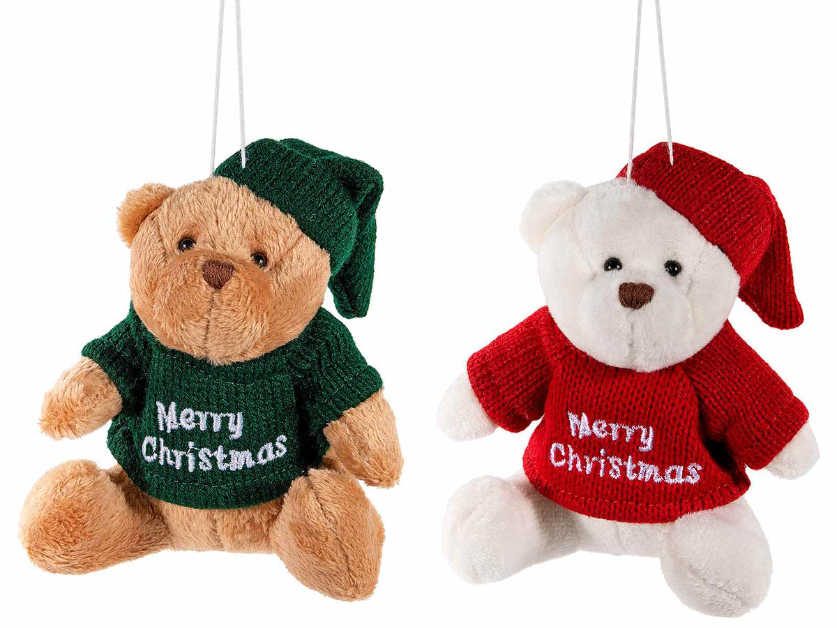 Addobbo orsetto di Natale con maglioncino scritta Merry Christmas e berretto, set da 6 pezzi, cm 10 x 7 x 11 H (seduto)