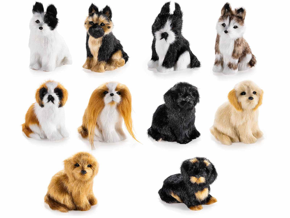 Miniature cagnolini decorativi seduti in finto pelo, curate nei particolari, set da 13 pezzi, cm 5 x 6,5 x 8 H