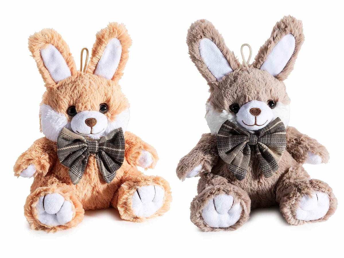 Coniglietti di peluche con fiocco in stoffa a papillon e cordino per appendere, set da 4 pezzi, cm 17x15x17,5 H (seduto)