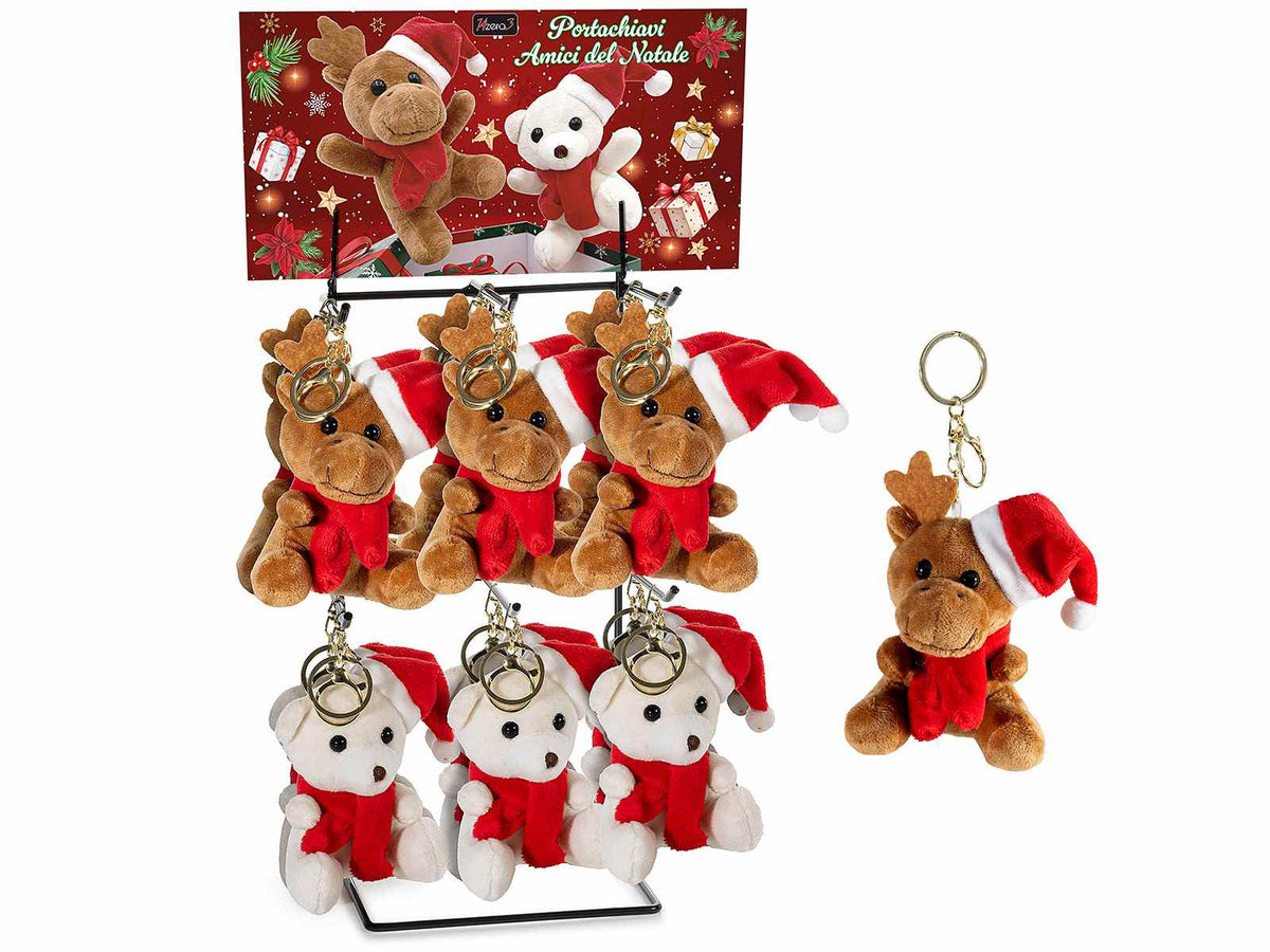 Portachiavi di Natale a renna e orsetto in morbido peluche con espositore da 24, set da 24 pezzi