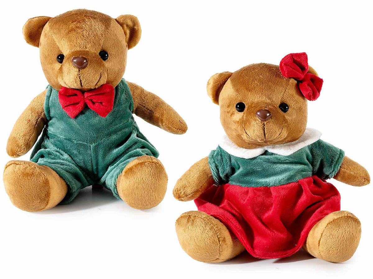 Orsetti in morbido peluche con abito in velluto tartan, set da 2 pezzi, cm 20 x 14 x 20 H (seduto)