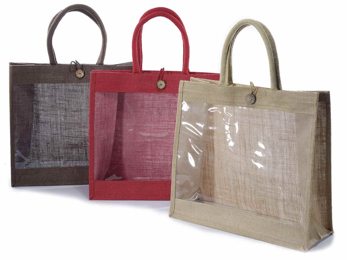 Borse in juta colorata con finestra trasparente e bottone di chiusura, set da 3 pezzi, cm38x15x35H (con manici 60)