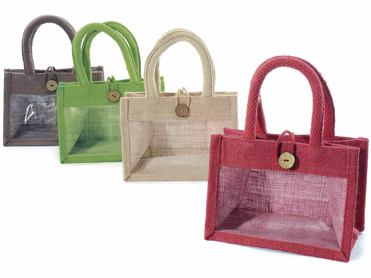 Borse in juta colorata e finestra trasparente e bottone di chiusura, set da 8 pezzi, cm18x11x13,5H (con manici23)