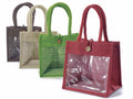 Borse in juta colorata con finestra trasparente e bottone di chiusura, set da 4 pezzi, cm21x15,5x20H (con manici34)