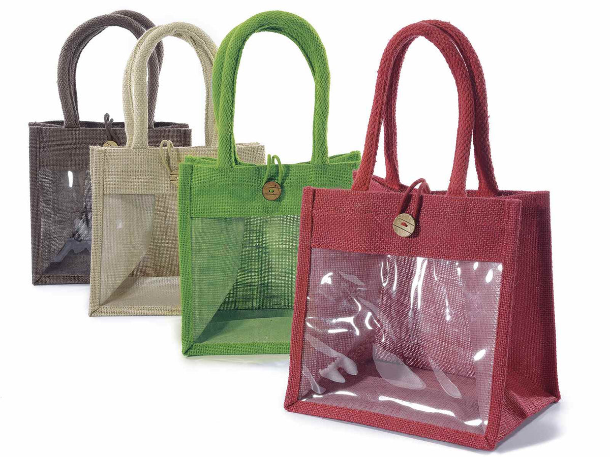 Borse in juta colorata con finestra trasparente e bottone di chiusura, set da 4 pezzi, cm21x15,5x20H (con manici34)
