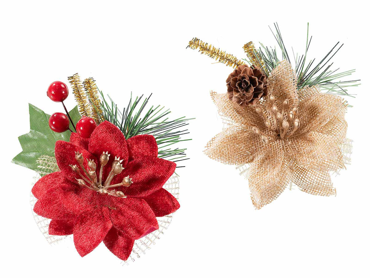 Stella di Natale pick artificiale con decorazioni, bacche, pigne e biadesivo, set da 24 pezzi, Ø fiore cm 6,5