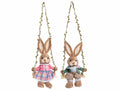 Conigli pasquali decorativi in fibra naturale su altalena da appendere, ideali, set da 2 pezzi, cm19x15x36H (orecc.estese)
