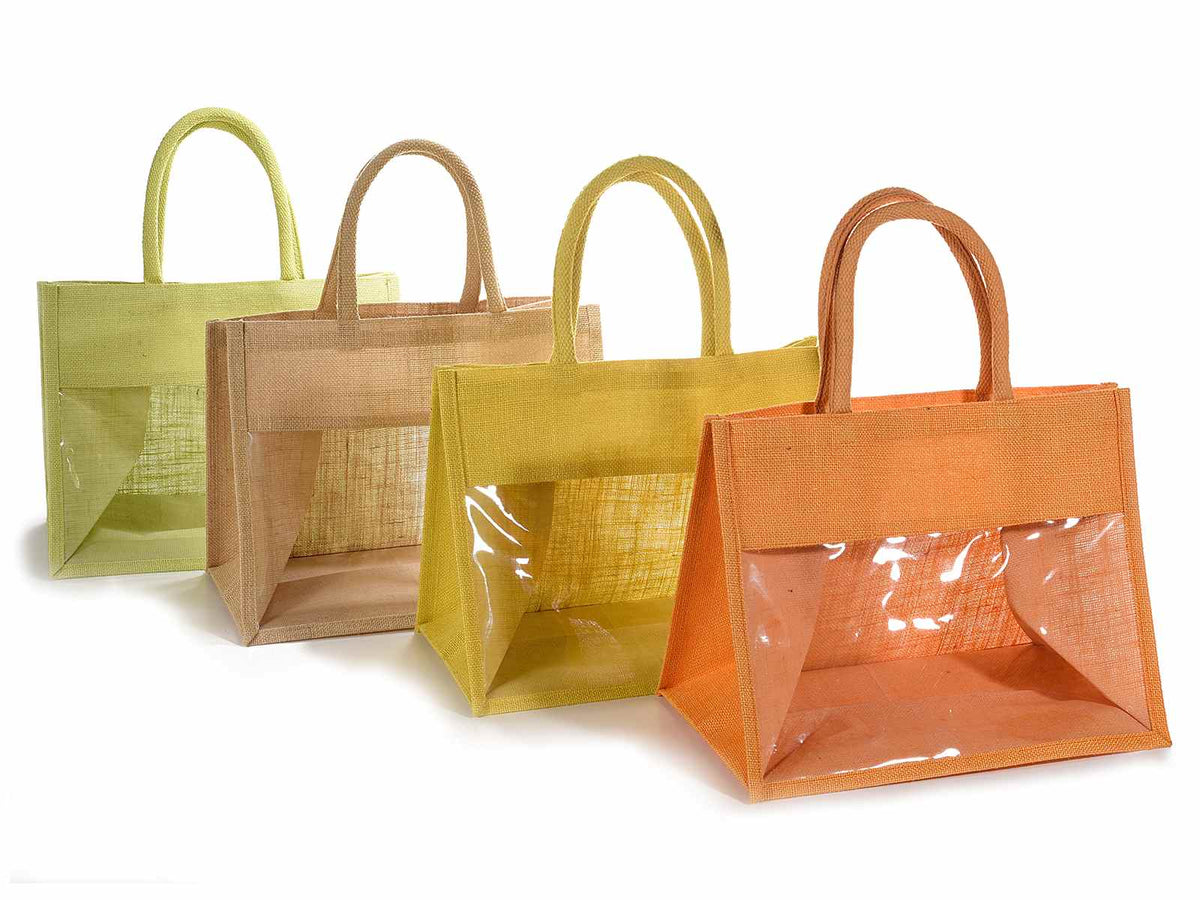 Borsette in juta con finestra trasparente e manici in corda di cotone, set da 4 pezzi, cm 36x29x24 H (con manici41)