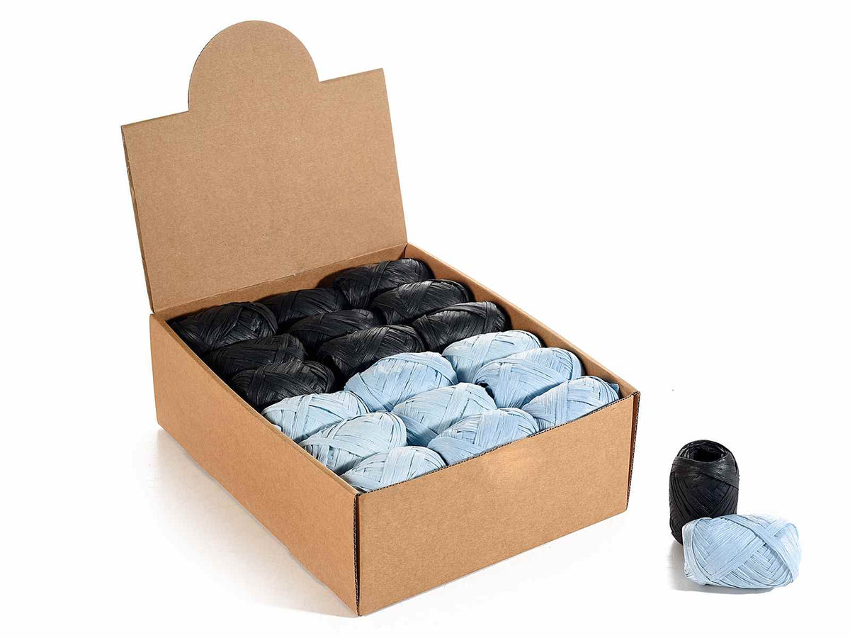 Matasse di rafia colorata nero / azzurro in espositore da 36 pezzi, set da 36 pezzi, mm 5 x 10 mt