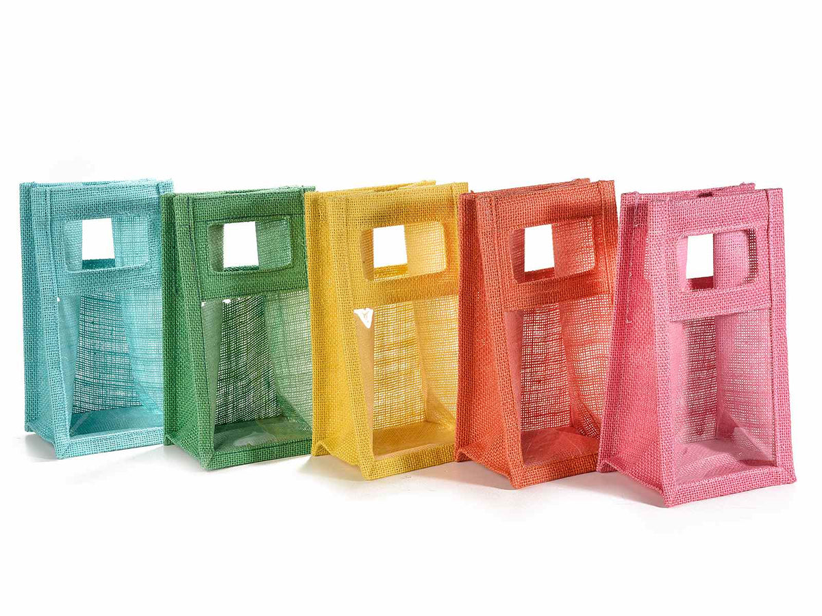 Borsette in juta colorata con manici e finestra trasparente per confezione, set da 10 pezzi, cm 11,5 x 10 x 21 H