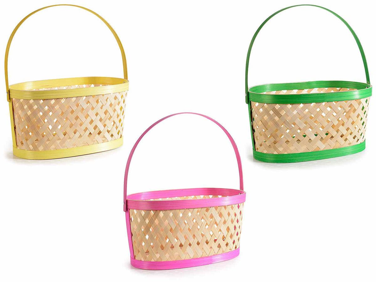 Cestini colorati ovali in bambù con manico reclinabile, set da 6 pezzi, cm30x16x15,5H (con manico34)