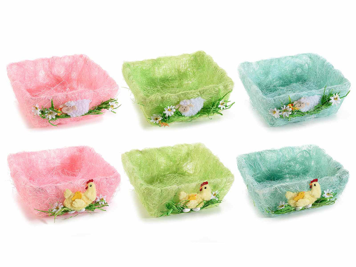 Cestini di Pasqua in fibra naturale colorata con decori pasquali a gallinella, set da 6 pezzi, cm 16,5 x 16,5 x 6 H