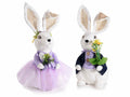 Coppia di coniglietti pasquali in fibra naturale con fiori ed ovetto, set da 2 pezzi, cm14x16x36H (orecc.estese)