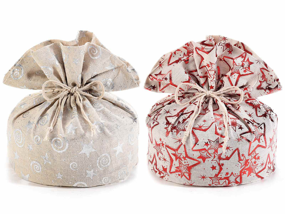 Sacchetti portapanettone in stoffa con stampa metallizzata a stelle e fiocco chiusura, set da 6 pezzi, Ø21cmx32H (al tirante21)
