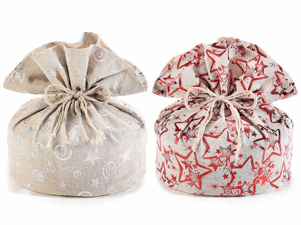 Set di 6 sacchetti portapanettone in stoffa con stampa metallizzata a stelle e fiocco chiusura, Ø21cmx32H (al tirante21)