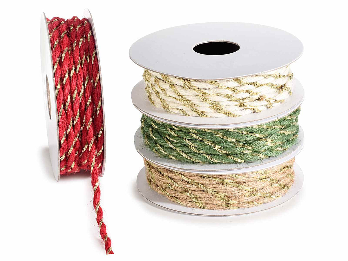 Nastri a cordino natalizio con intarsio di filo dorato, set da 4 pezzi, mm 5 x 10 m