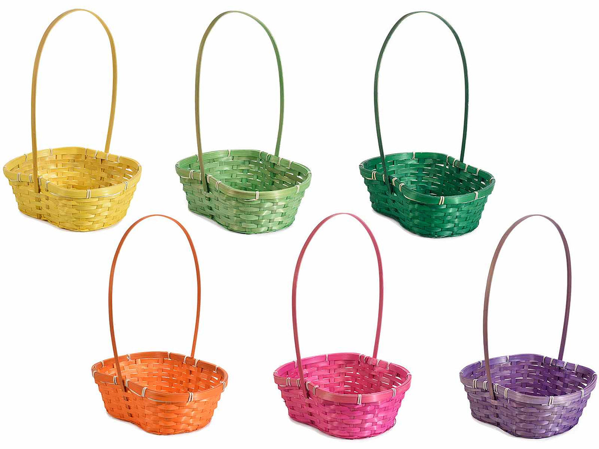 Cestini a 2 vani con manico in bambù colorati gialli, verdi chiari e scuri, set da 12 pezzi, cm27x24,5x10H (con manico41)