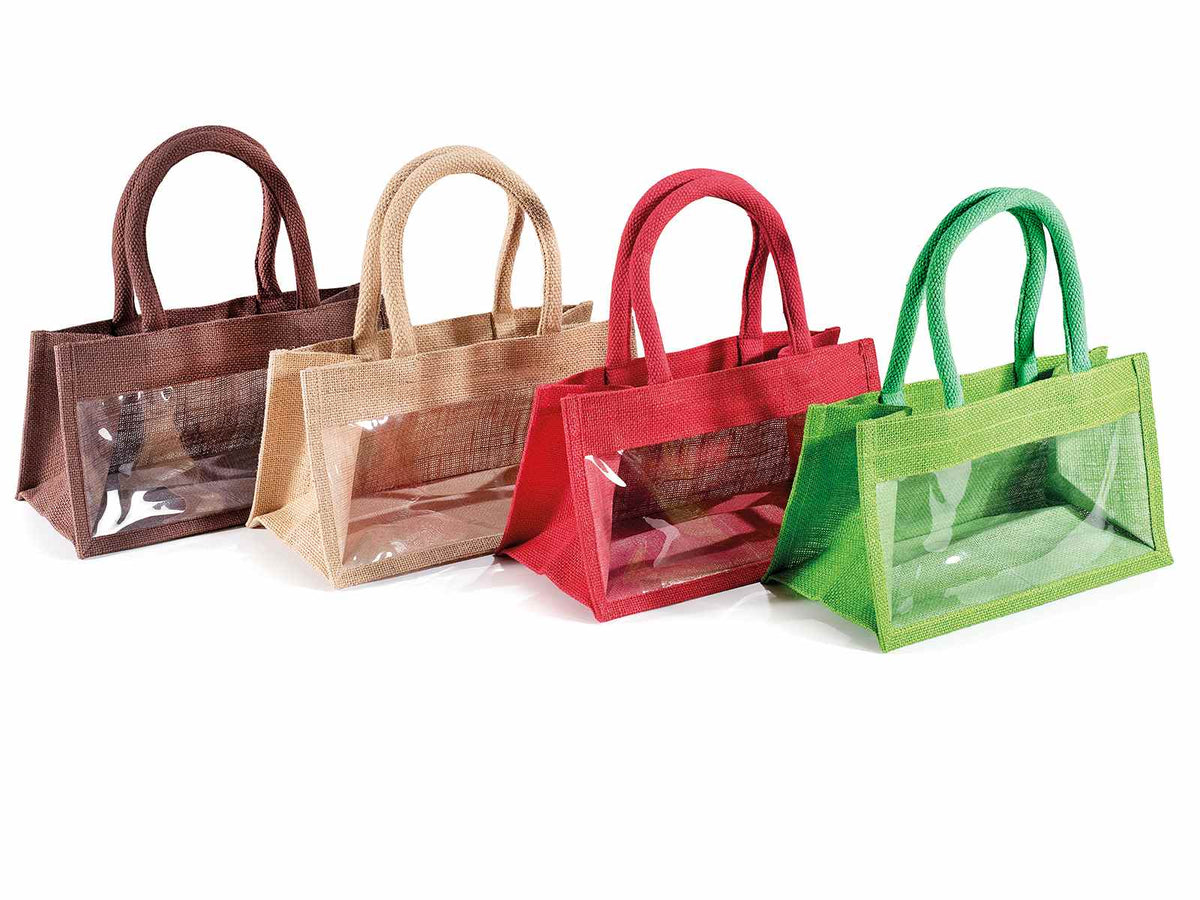 Borsette in juta colorata rettangolare con finestra e manici in corda, set da 8 pezzi, cm28x15x15,5H (con manico28)
