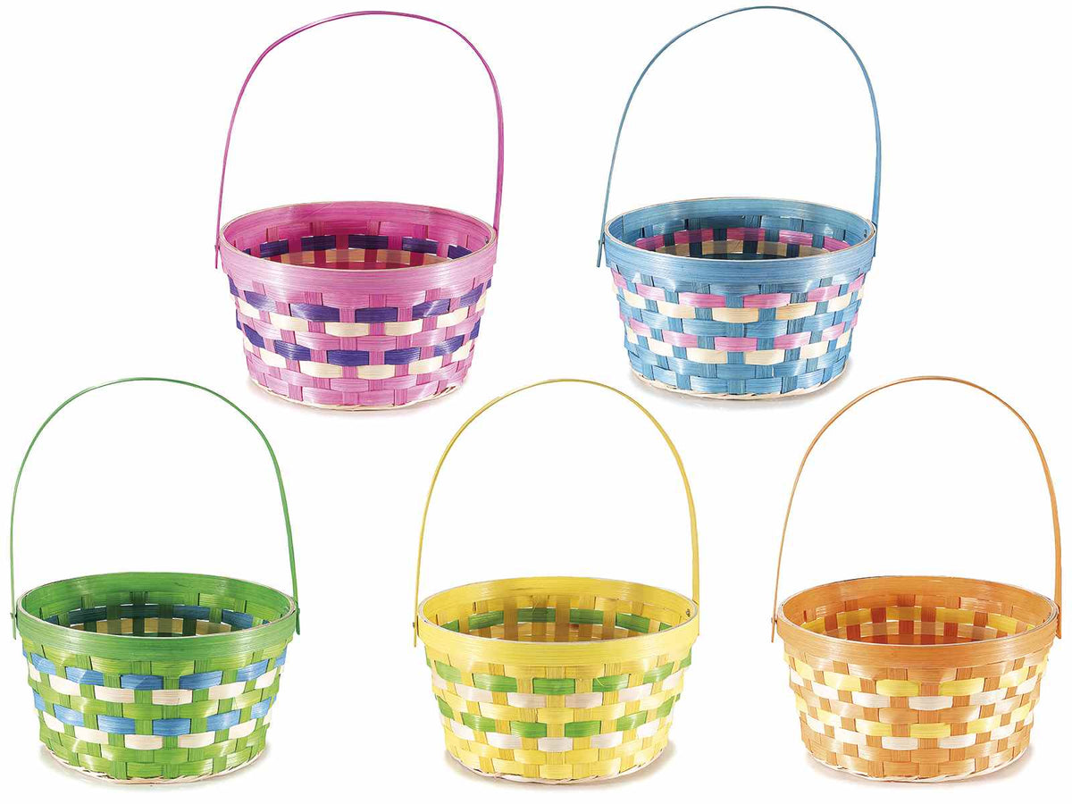 Cestini in bambù colorato a forma rotonda con manico, perfetti per confezioni, set da 10 pezzi, Ø23cmx12H (con manico31)