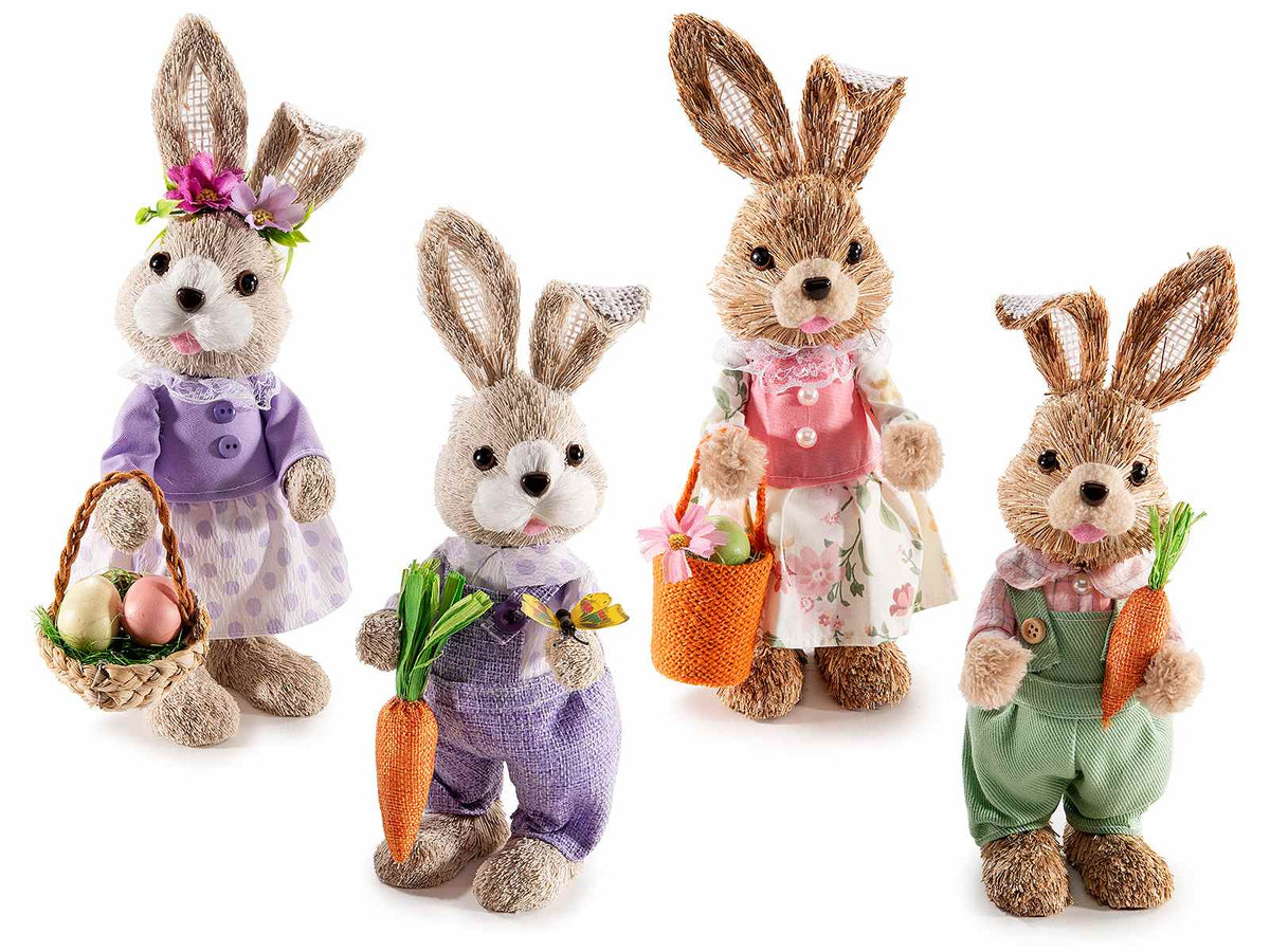 Coniglietti di Pasqua decorativi in fibra naturale con cestino con ovetti, set da 4 pezzi, cm8,5x10x27H (orecc.estese)