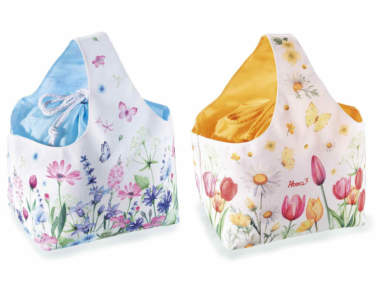 Borsette a cestino in canvas con stampa floreale, sacchetto con tirante, set da 6 pezzi, cm 19x14x15 H (con manico 30)