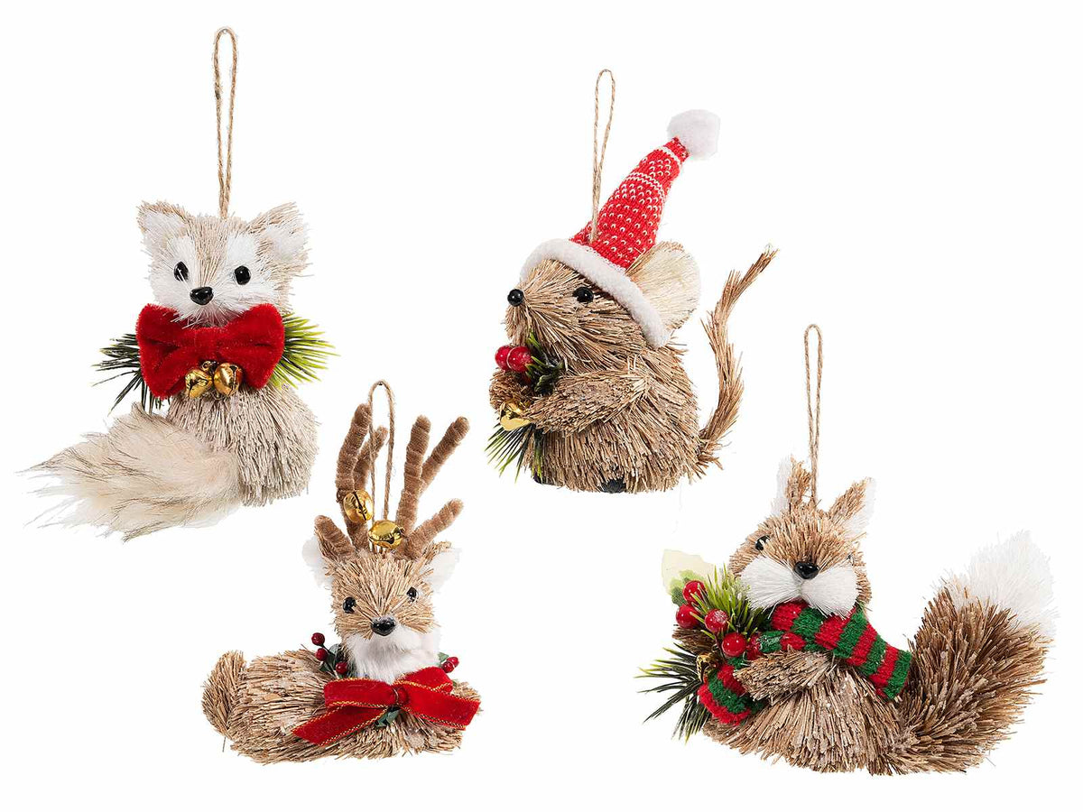 Animaletti del bosco natalizi in fibra vegetale con campanelle, cappellino, set da 4 pezzi, Topino: cm 6 x 9 x 14 H