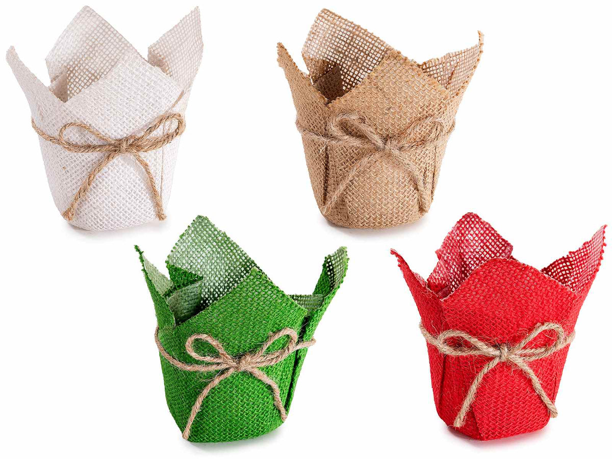 Set di 12 cestini in juta colorata laminata con fiocco spago, Ø 12 cm x 14 H