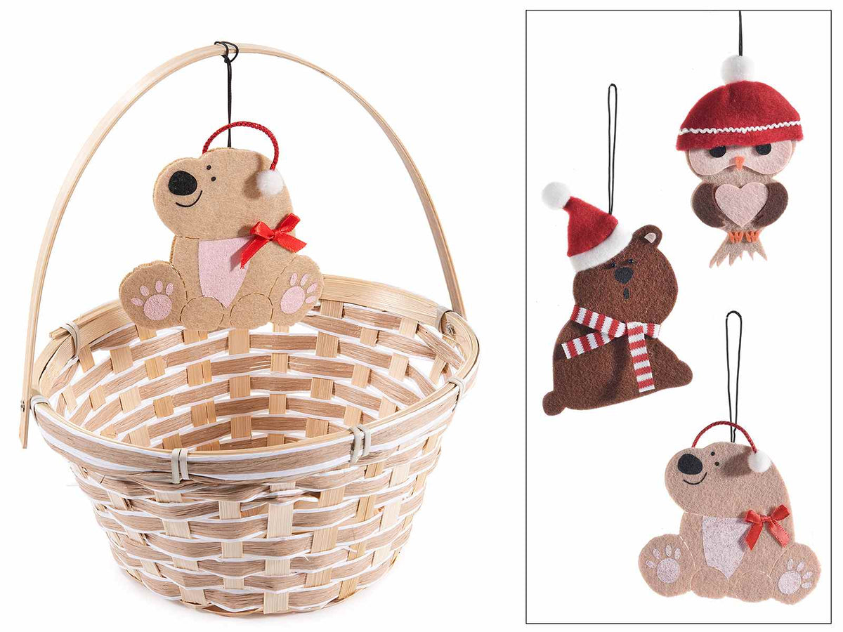 Cestini rotondi in bambù naturale con manico, decoro animaletto autunnale, set da 3 pezzi, Cestino: Ø 20 cm x 10 H