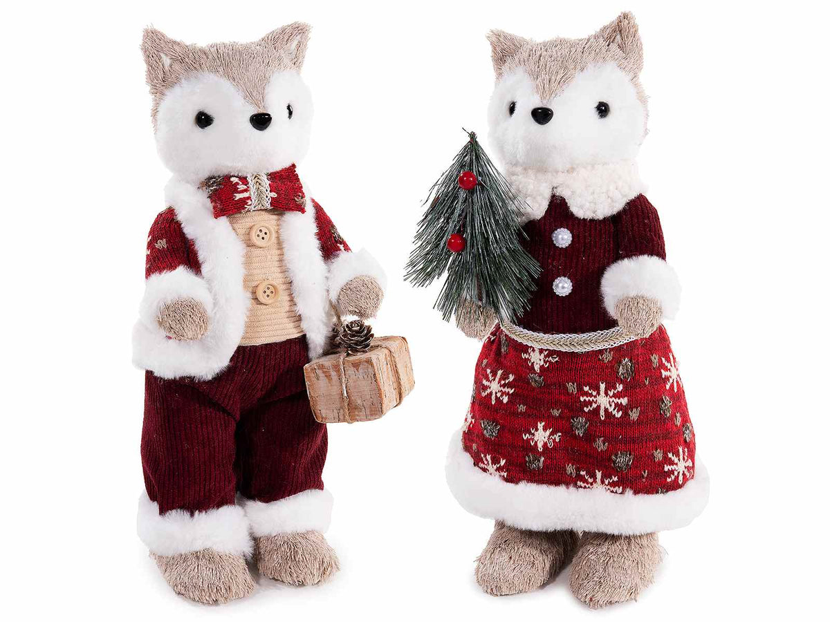 Volpi natalizie in fibra naturale con vestiti e decorazioni pacco regalo, set da 2 pezzi, cm 15 x 15 x 36 H