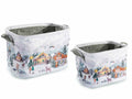 Set di 3 cestini di Natale in stoffa con manici e stampa villaggio natalizio innevato in set da due pezzi, Grande: cm 30 x 21 x 20 H