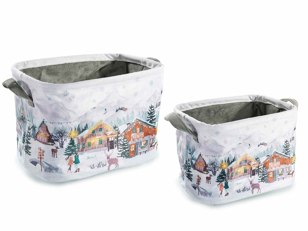 Set di 3 cestini di Natale in stoffa con manici e stampa villaggio natalizio innevato in set da due pezzi, Grande: cm 30 x 21 x 20 H