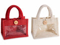 Borsette in juta colorata con lurex oro, finestra trasparente, manici, set da 8 pezzi, cm18x11x13,5H (con manici 23)