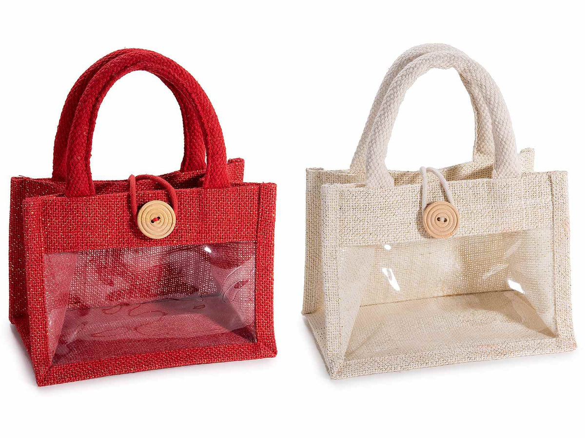 Borsette in juta colorata con lurex oro, finestra trasparente, manici, set da 8 pezzi, cm18x11x13,5H (con manici 23)