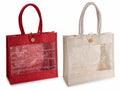 Borse in juta colorata con lurex oro, finestra trasparente, manici e bottone, set da 4 pezzi, cm 38x15x35 H (con manici 60)